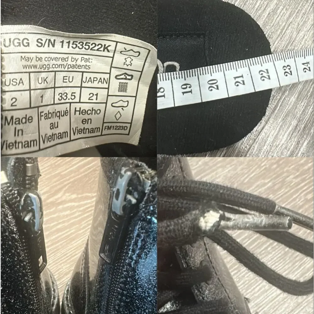 Ugg Black Ashton Glitter Patent Lace-Up Lug Sole Chunky Combat Boots Grunge Sz 2